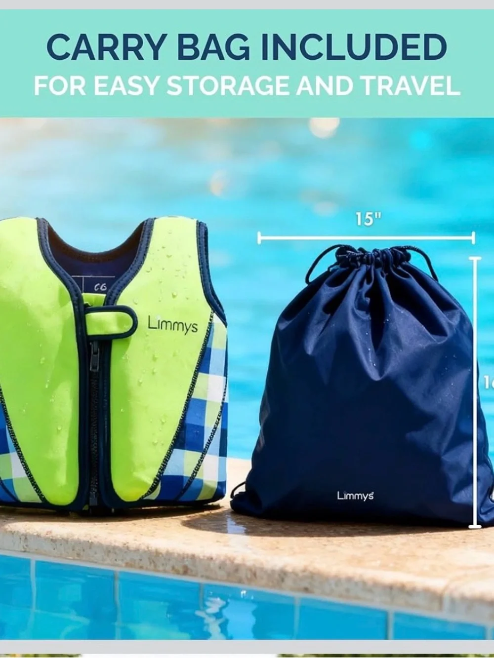 Kids Swim Vest in Neon Green & Blue Plaid Limmy’s